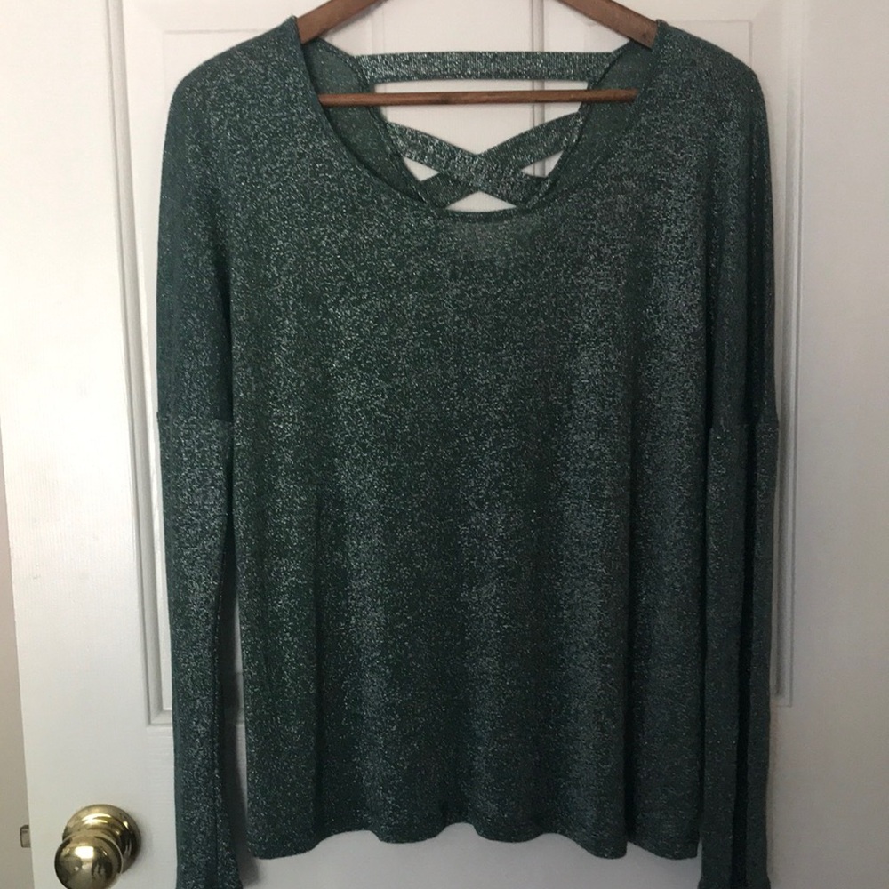Vintage Green Sparkle Scoop Neck Top with Crisscross Back Size L Made in USA